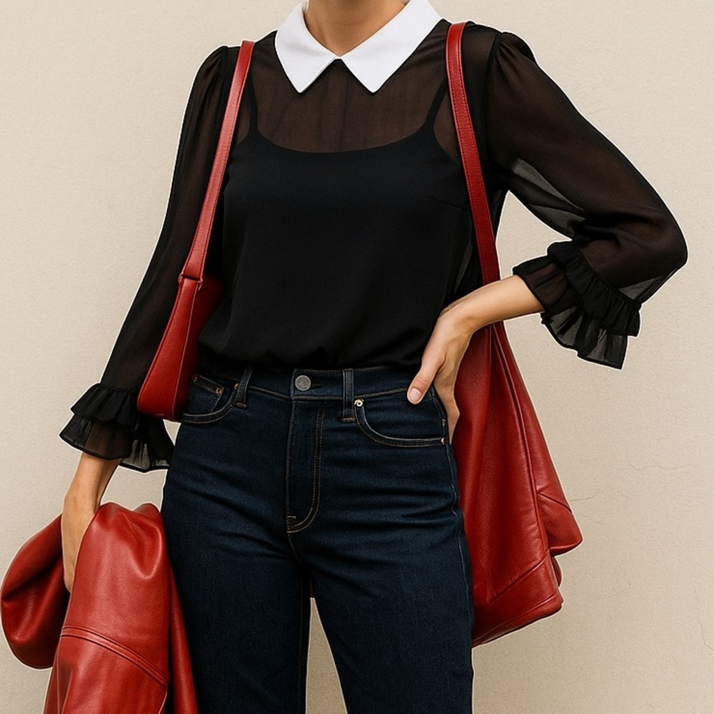 Black Sheer Long Sleeve Blouse Top Ruffle Sleeve Sz L